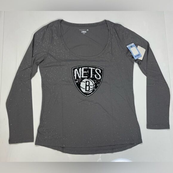 NBA 5th & Ocean Brooklyn Nets Sequins Bling T-shirt Women XL Gray Long Sleeve - Picture 1 of 8